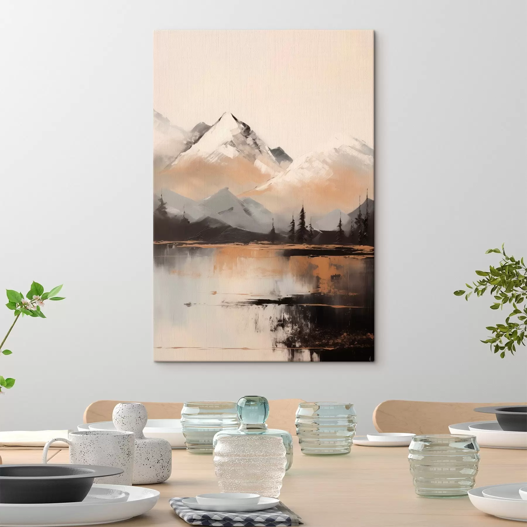 Wandbilder Verschneite Berge mit Baumstruktur vor einem See s45951