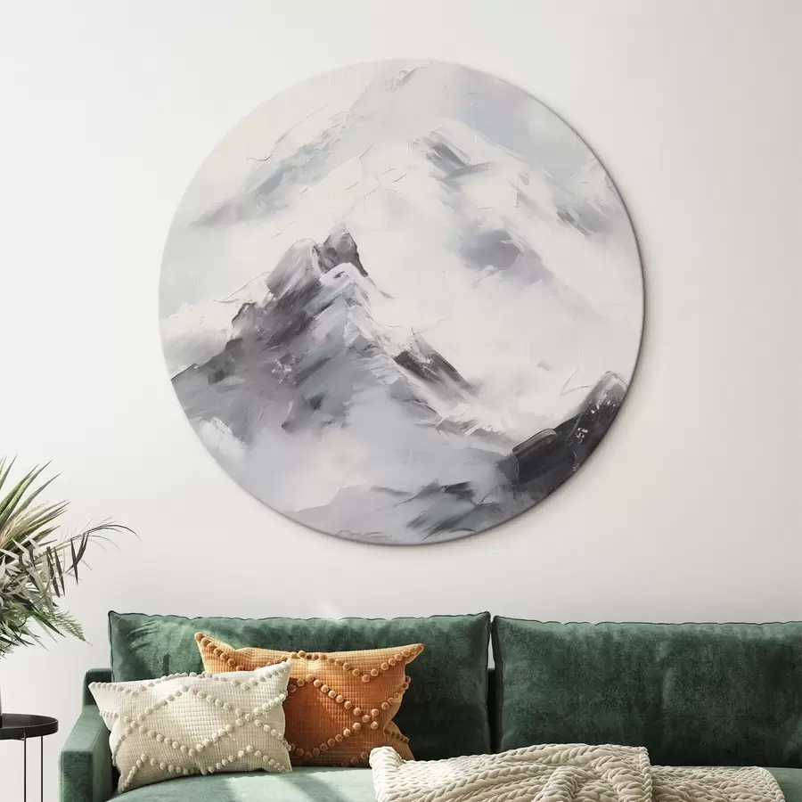 Wandbilder Verschneite Berggipfel mit grauen Schatten, grauer Himmel, Pinselstriche, strukturiert, minimalistisch r45933