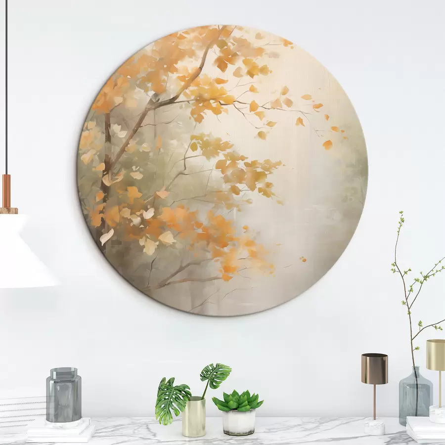 Wandbilder Herbstliche Äste mit orangefarbenen Blättern in einem Wald mit sanftem Licht r45940