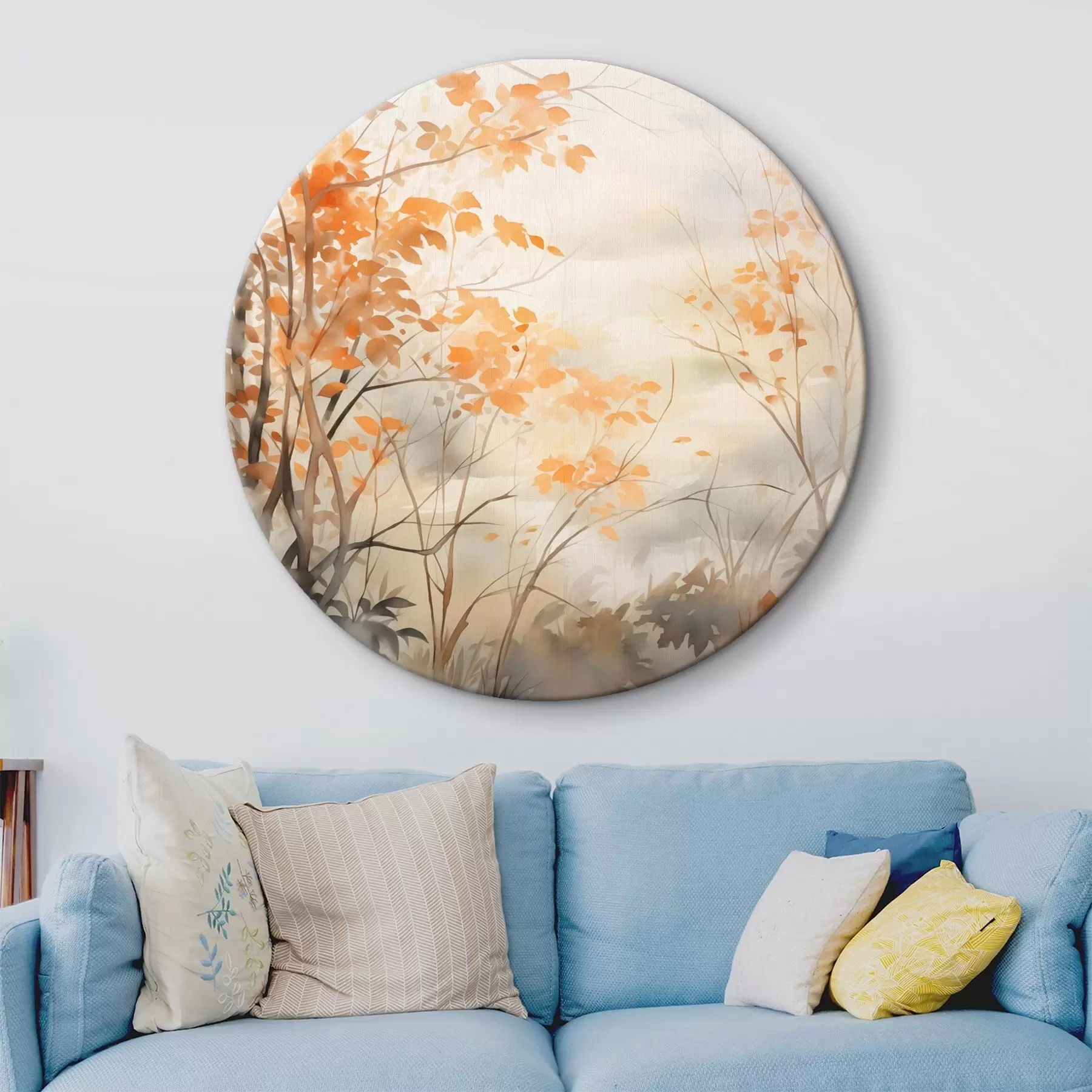 Wandbilder Herbstbäume mit orangefarbenen Blättern und Zweigen, sanfter Aquarellstil, zarte Pinselstriche r45941