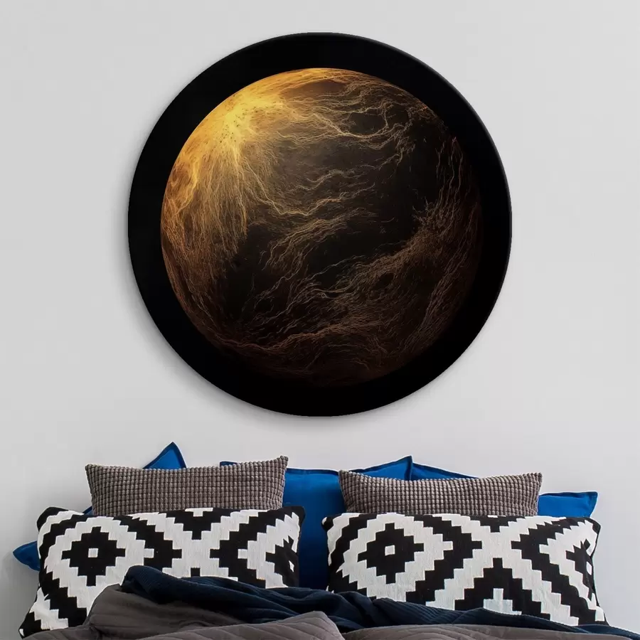 Wandbilder Abstrakter Planet mit orangefarbenen Adern vor schwarzem Weltraumhintergrund, moderne minimalistische Kunst r45943