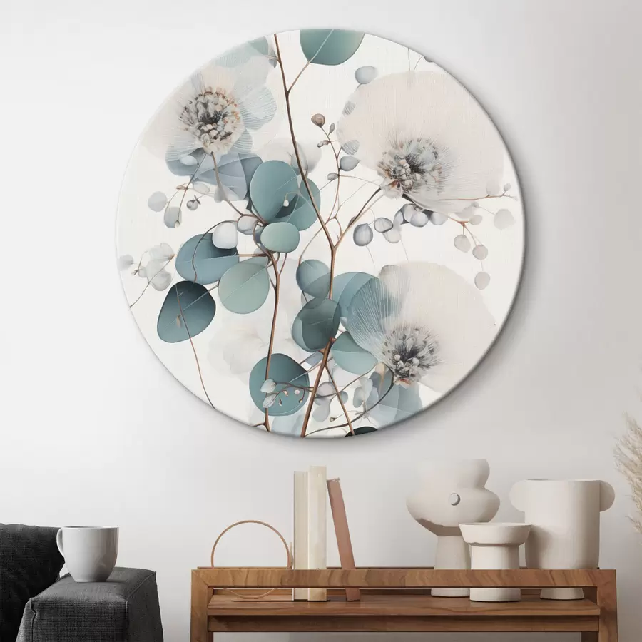 Wandbilder Eukalyptus-Blüten mit weißen Blütenblättern, gedeckten grünen Blättern an Zweigen r45946