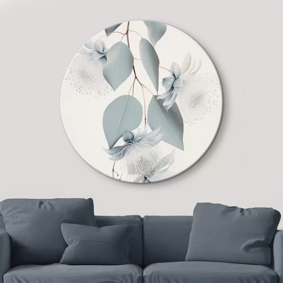 Wandbilder Eukalyptuszweig mit blauen Blättern und weißen Blüten, heller Hintergrund r45947