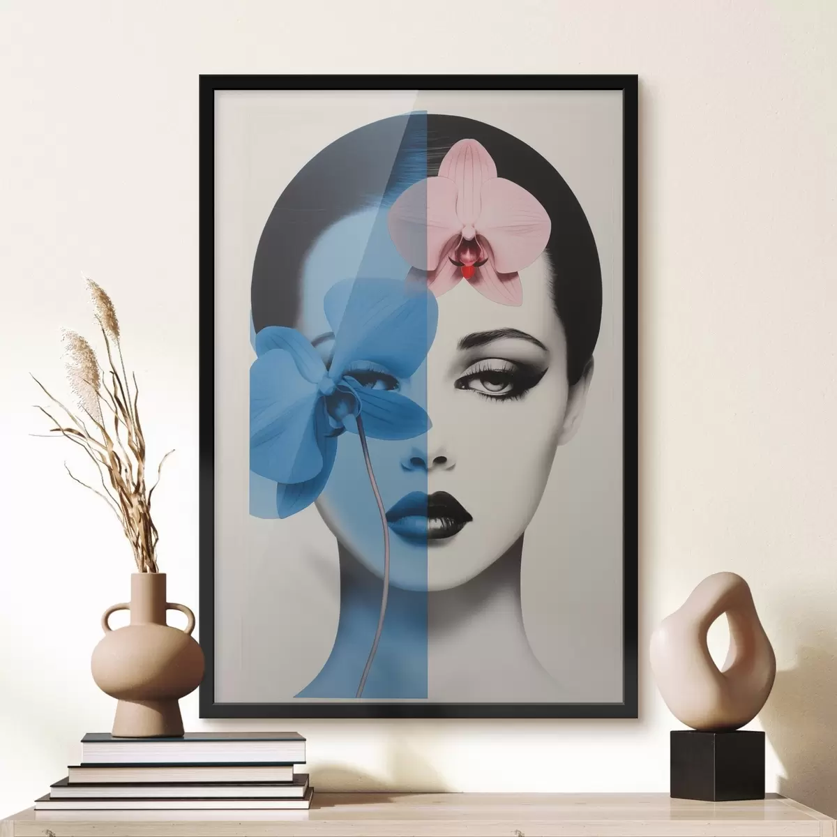 Poster Abstraktes Kunstporträt einer Frau mit Orchideen f45924