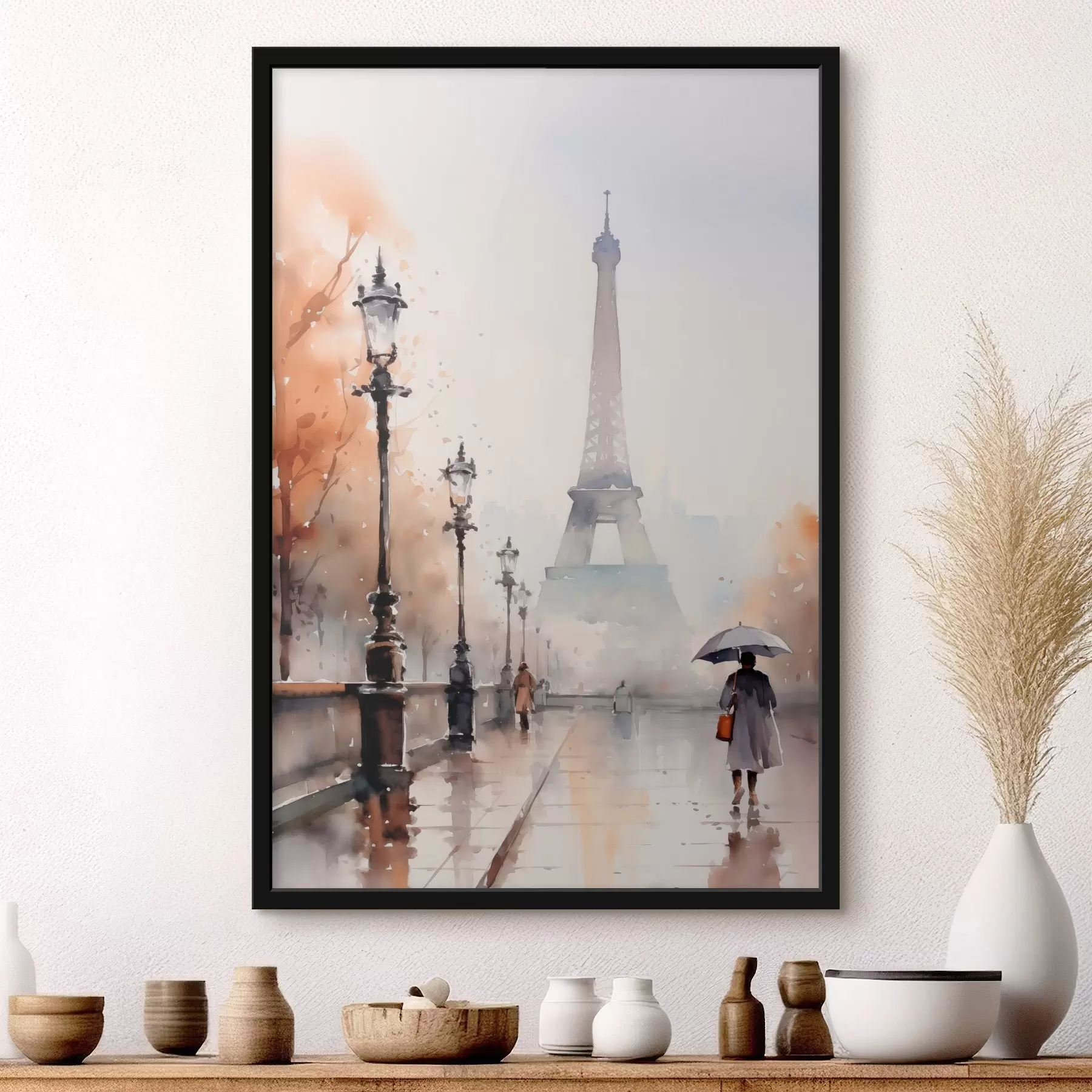 Fototapete Ein regnerischer Tag in Paris mit dem Eiffelturm im Hintergrund und Vintage-Straßenlaternen f45930
