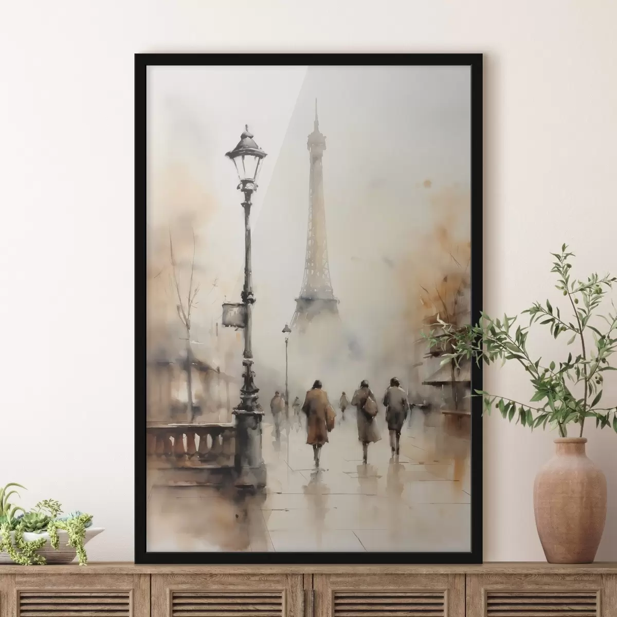 Poster Ein regnerischer Herbsttag in Paris mit dem Eiffelturm im Hintergrund und Vintage-Straßenlaternen f45931