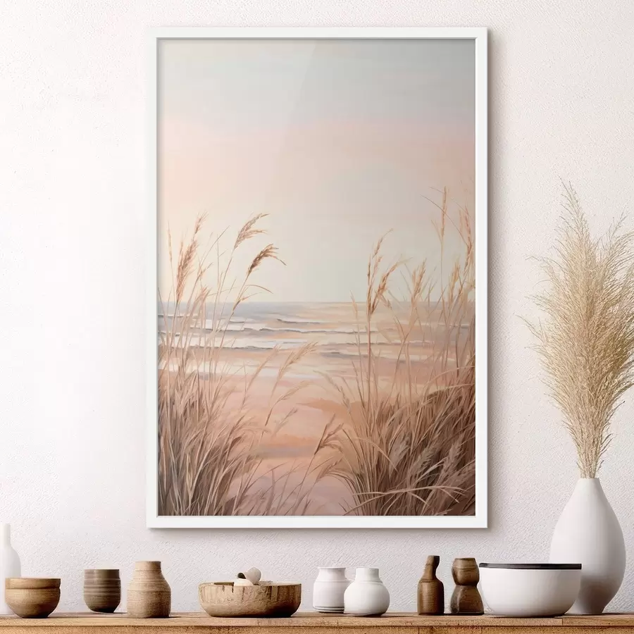 Fototapete Pampasgras mit pastelloranger Farbpalette, hellrosa Himmel, eine ruhige Landschaft f45935