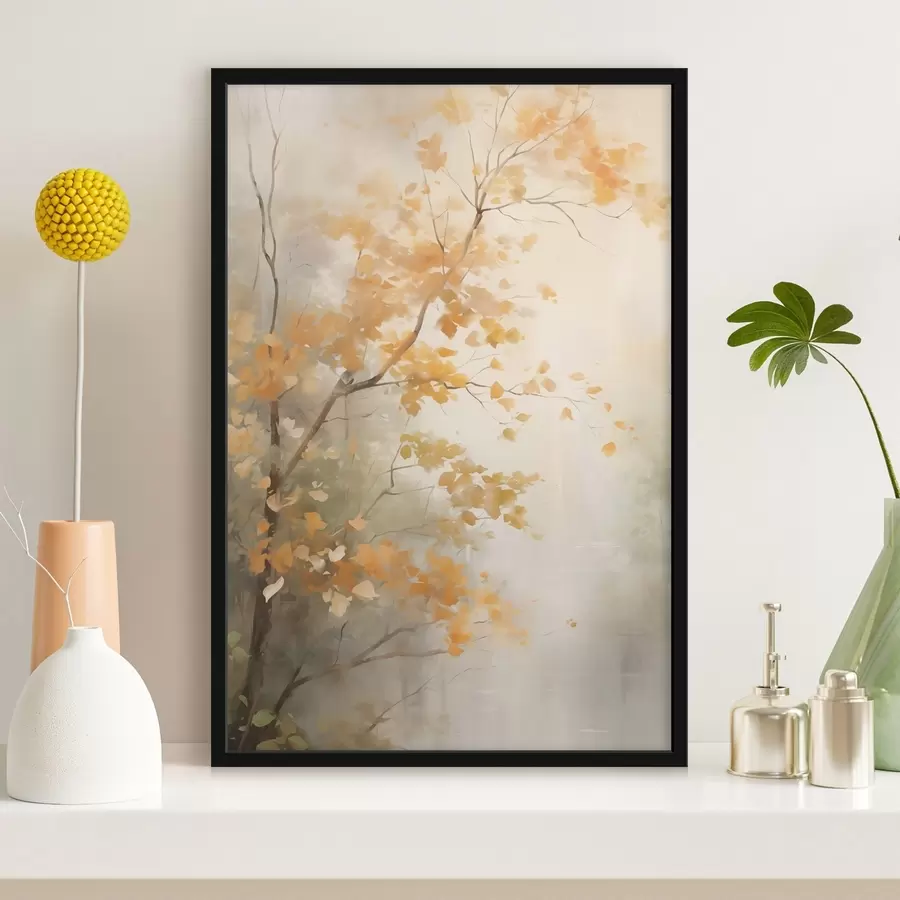 Fototapete Herbstliche Äste mit orangefarbenen Blättern in einem Wald mit sanftem Licht f45940