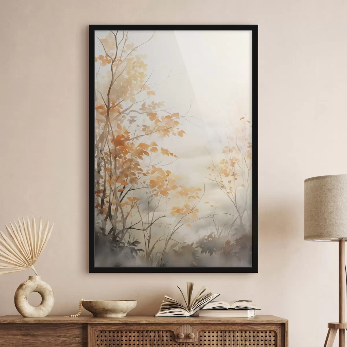 Poster Herbstbäume mit orangefarbenen Blättern und Zweigen, sanfter Aquarellstil, zarte Pinselstriche f45941