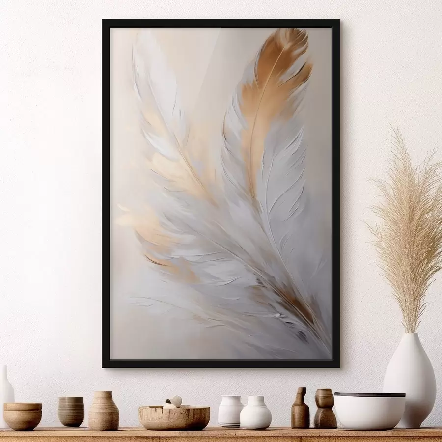 Fototapete Federn mit orangefarbenen Akzenten, sanfte Beleuchtung, strukturierte minimalistische Komposition, moderne Kunst f45944