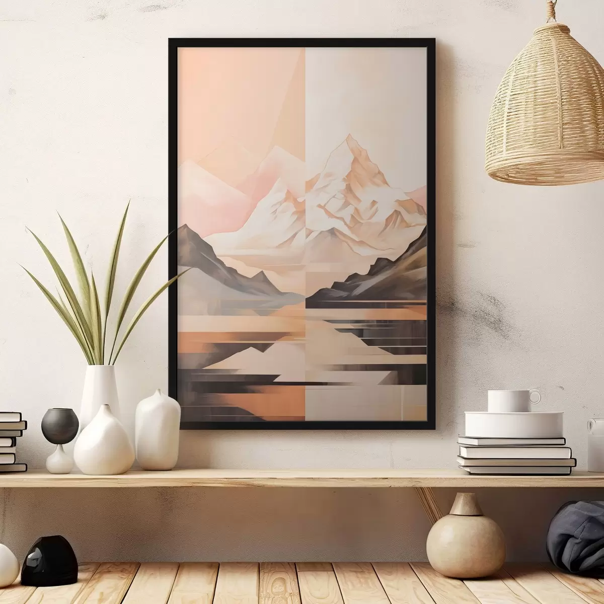 Poster Abstrakte Landschaft mit Bergen und einem See, Pastellfarben, minimalistischer Stil f45948