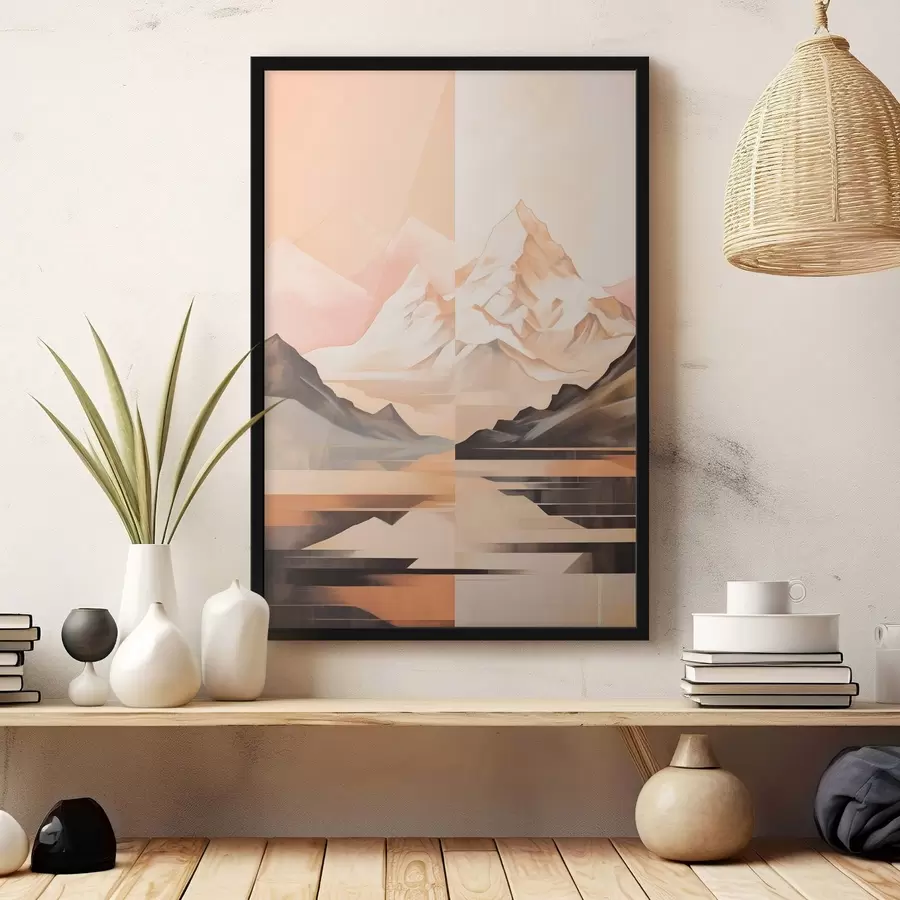 Fototapete Abstrakte Landschaft mit Bergen und einem See, Pastellfarben, minimalistischer Stil f45948