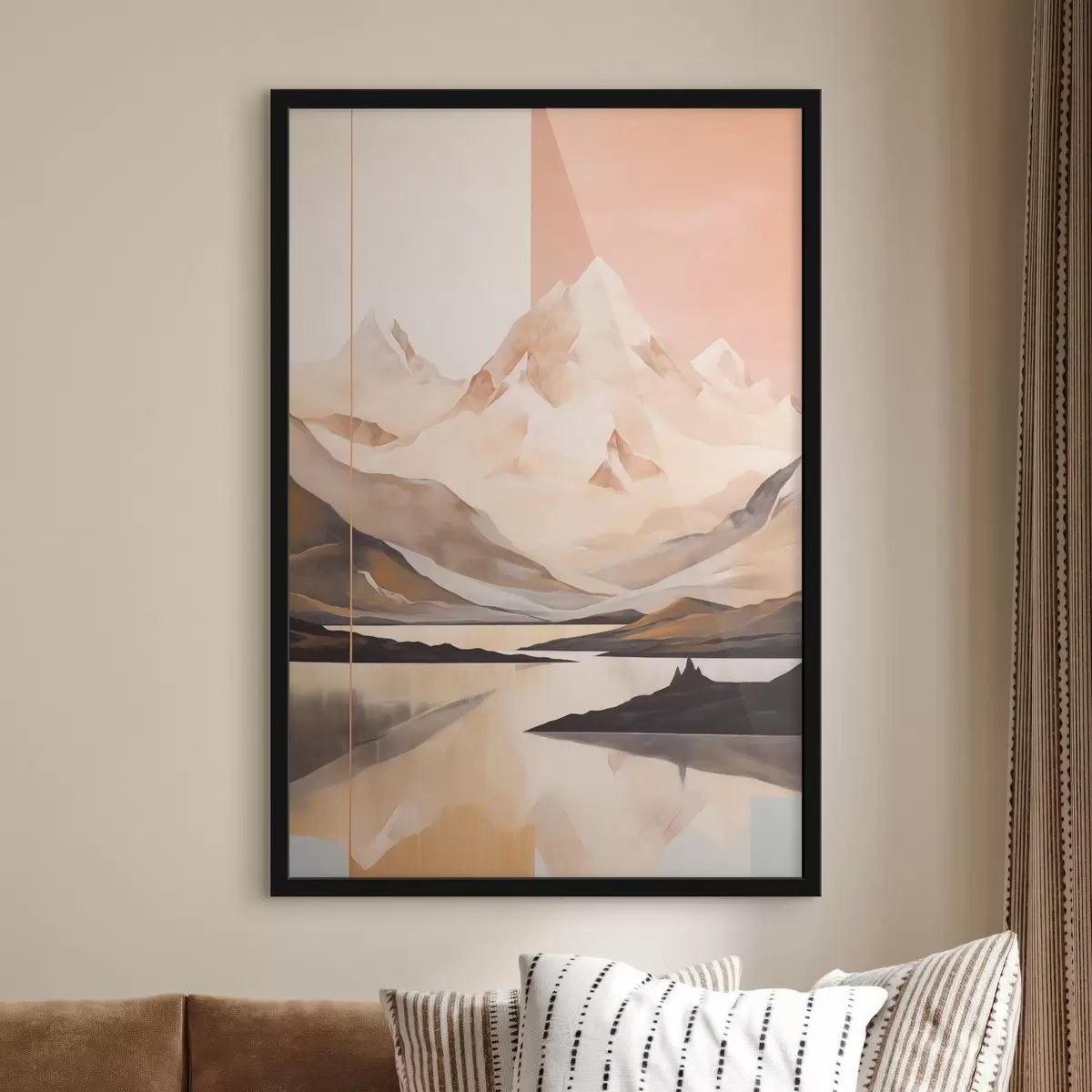 Poster Abstrakte Landschaft mit Bergen und einem See, Pastellfarben, minimalistischer Stil f45949
