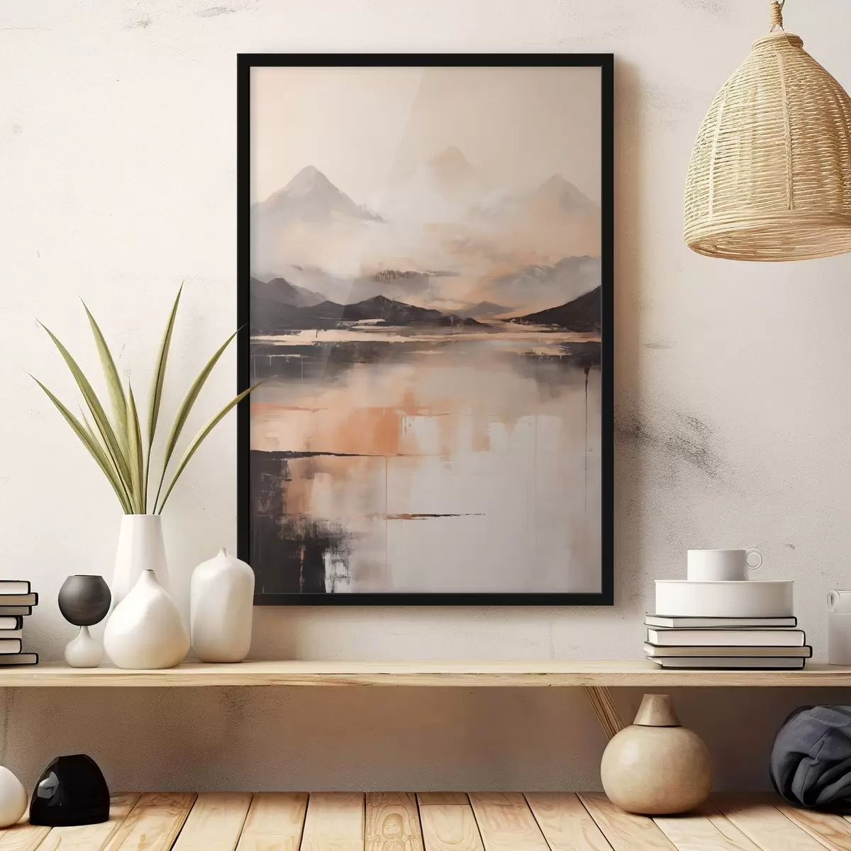 Poster Eine Landschaftsmalerei mit Struktur, die Berge und einen See imitiert f45950