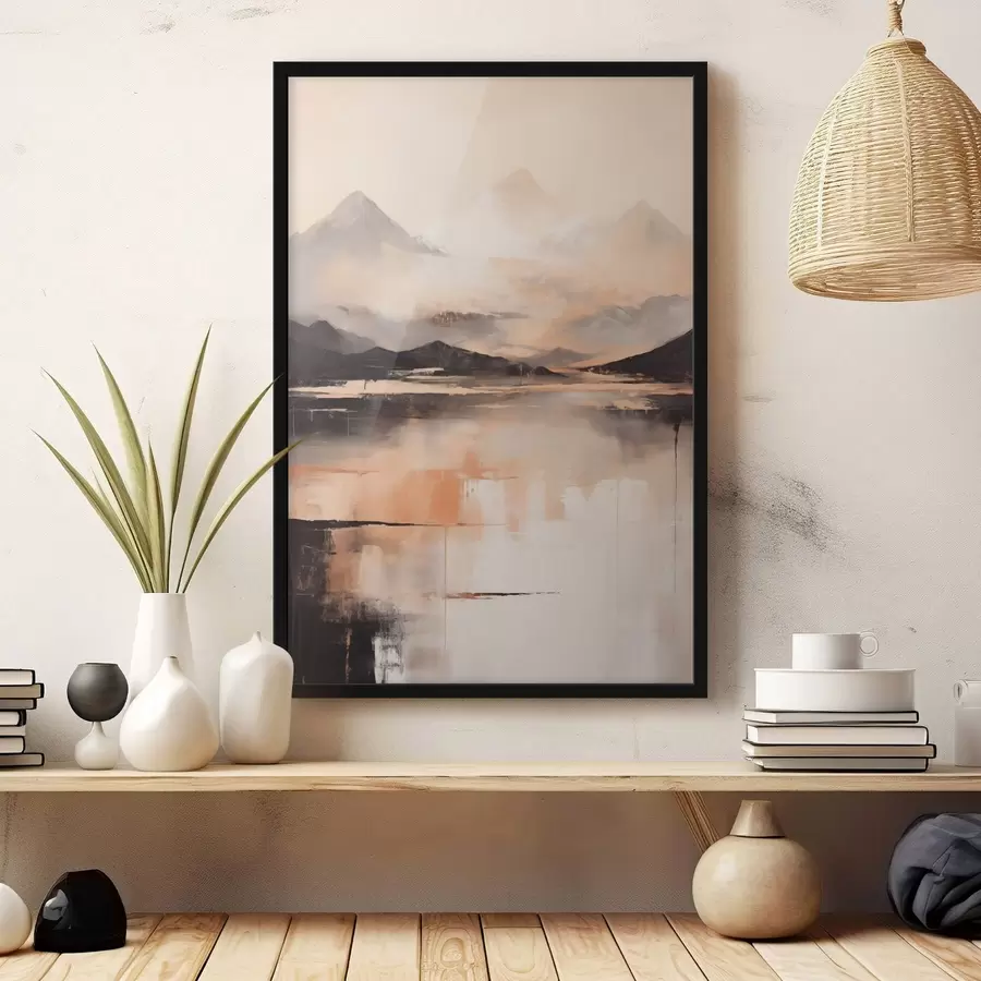 Fototapete Eine Landschaftsmalerei mit Struktur, die Berge und einen See imitiert f45950