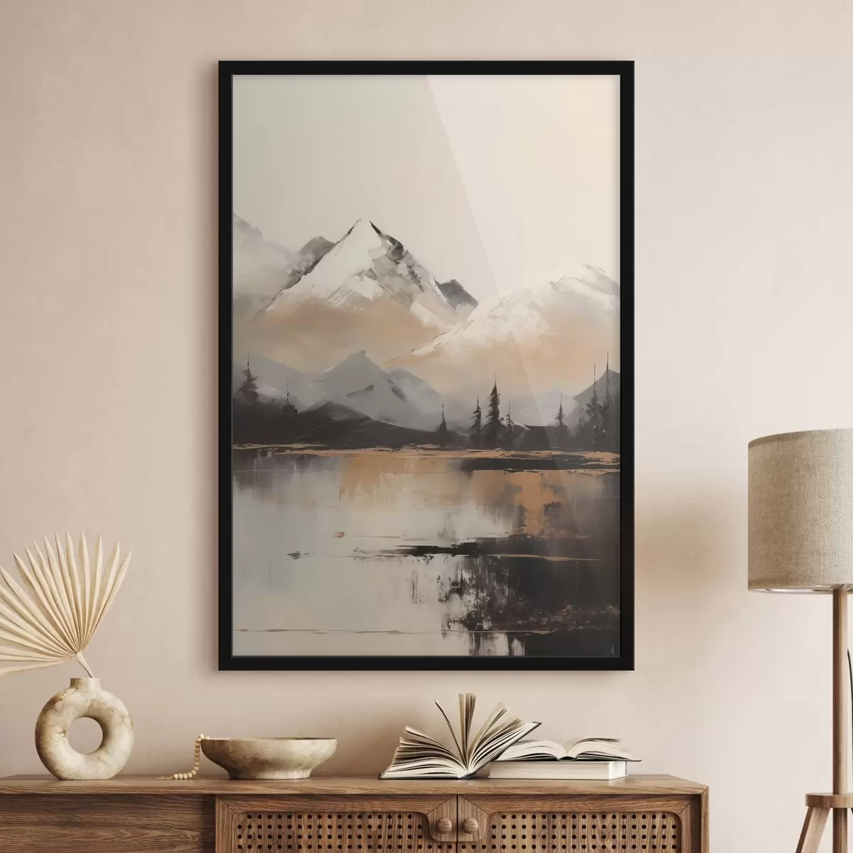 Poster Verschneite Berge mit Baumstruktur vor einem See f45951