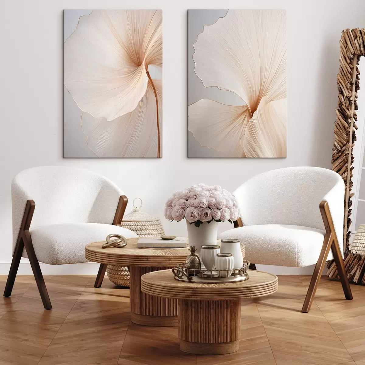 Wandbilder Abstrakte Blumen mit dünnen, zarten Blütenblättern in Weiß- und Beigetönen m00817