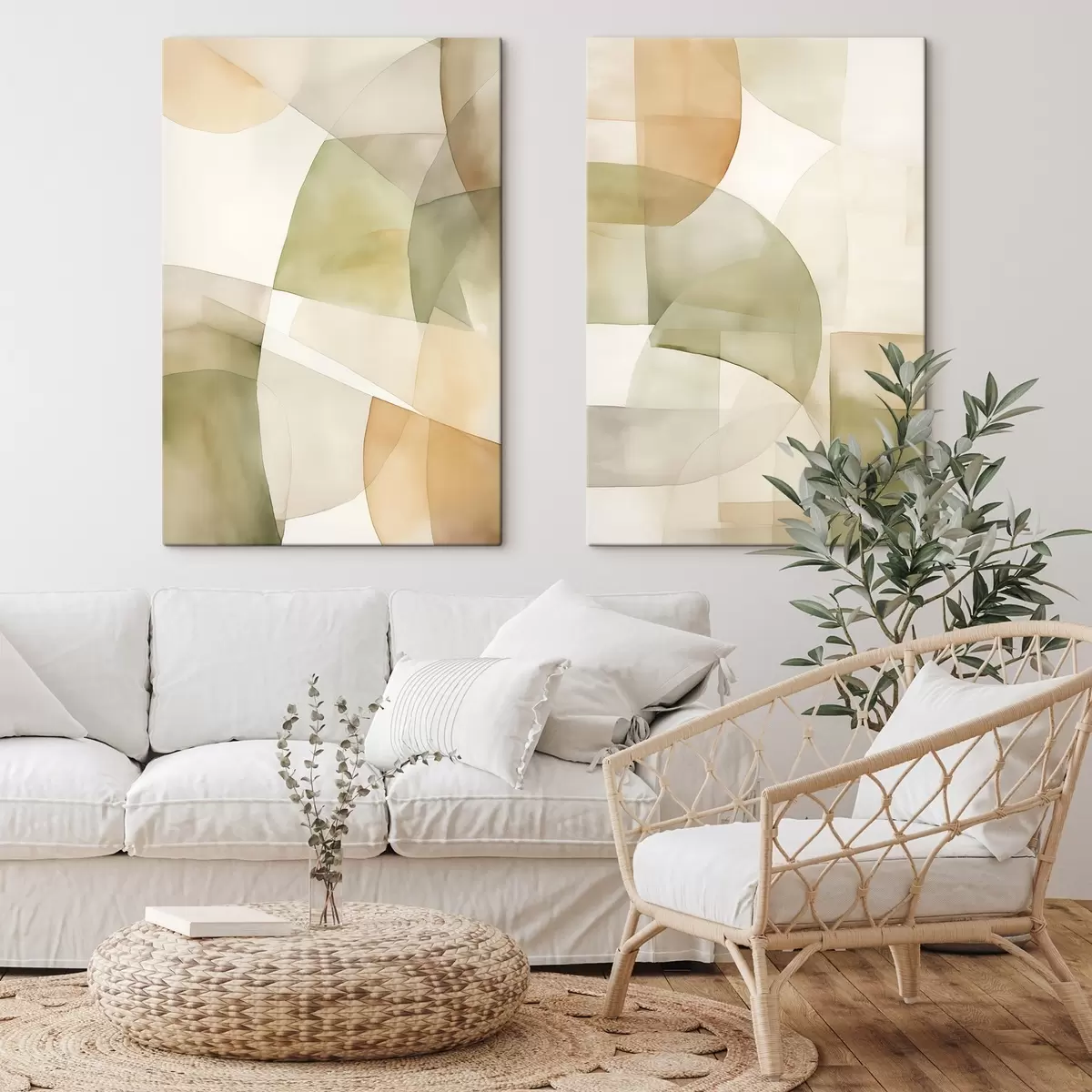 Wandbilder Abstrakte geometrische Formen mit Aquarellstruktur in Grün-, Braun- und Beigetönen m00820