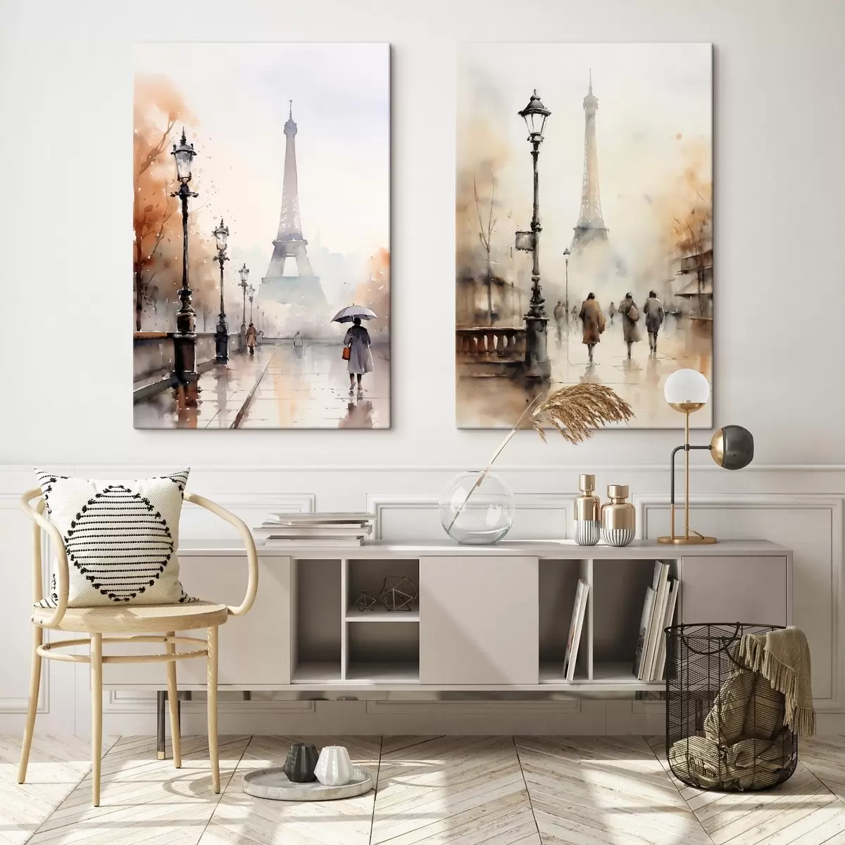 Wandbilder Ein regnerischer Herbsttag in Paris mit dem Eiffelturm im Hintergrund und Vintage-Straßenlaternen m00821