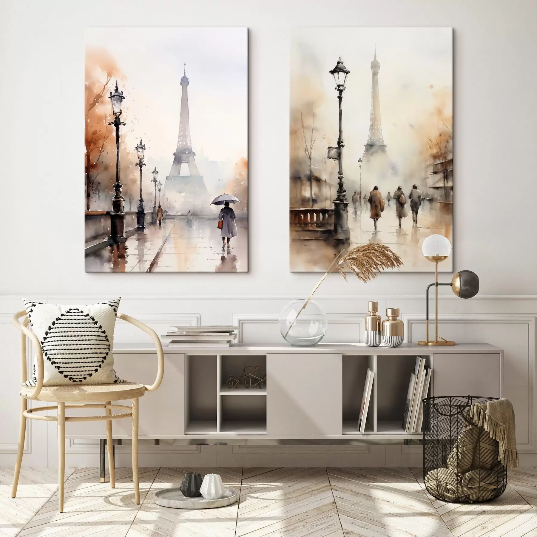 Wandbilder Ein regnerischer Herbsttag in Paris mit dem Eiffelturm im Hintergrund und Vintage-Straßenlaternen m00821