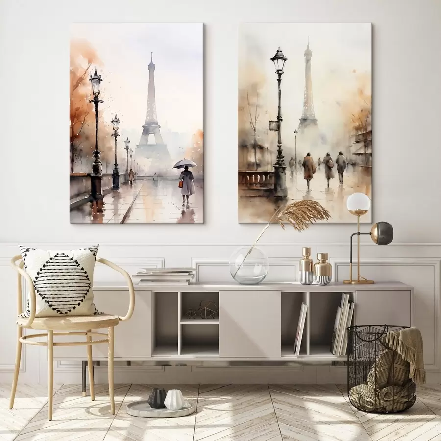 Wandbilder Ein regnerischer Herbsttag in Paris mit dem Eiffelturm im Hintergrund und Vintage-Straßenlaternen m00821