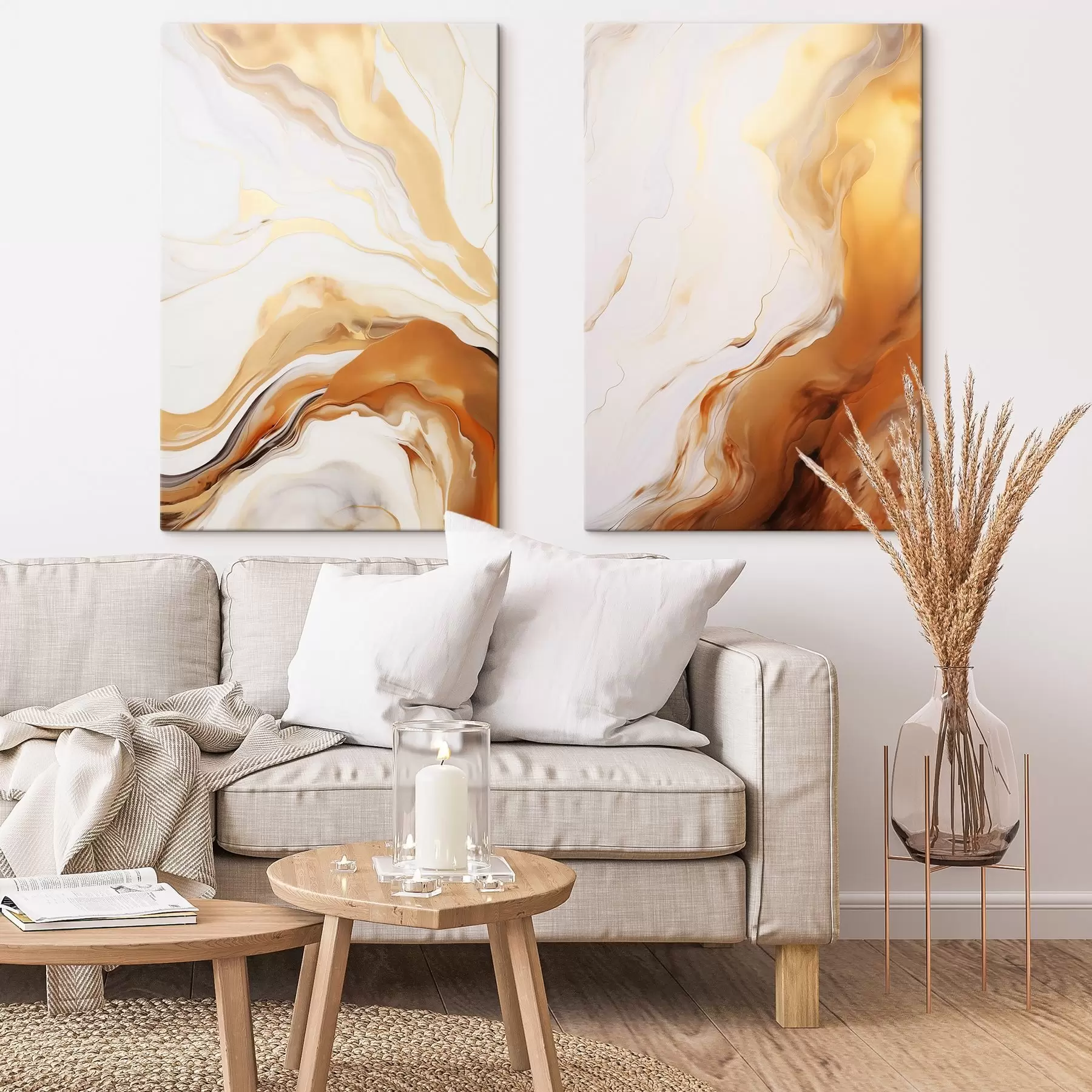 Wandbilder Abstrakte Malerei-Imitation in Weiß und Orange, Fluid Art mit wellenförmigen Linien, moderne Kunst m00825