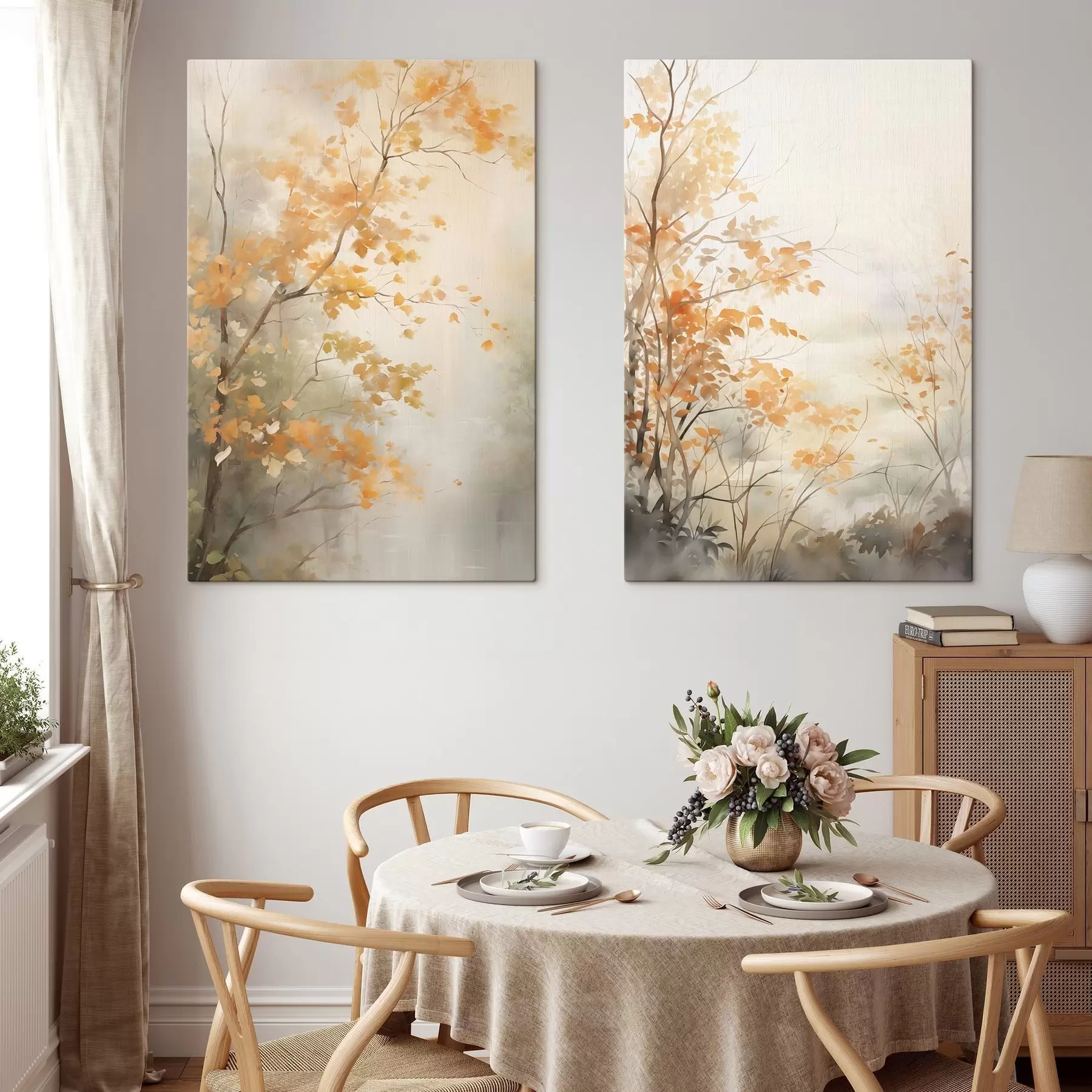 Wandbilder Herbstbäume mit orangefarbenen Blättern und Zweigen, sanfter Aquarellstil, zarte Pinselstriche m00826