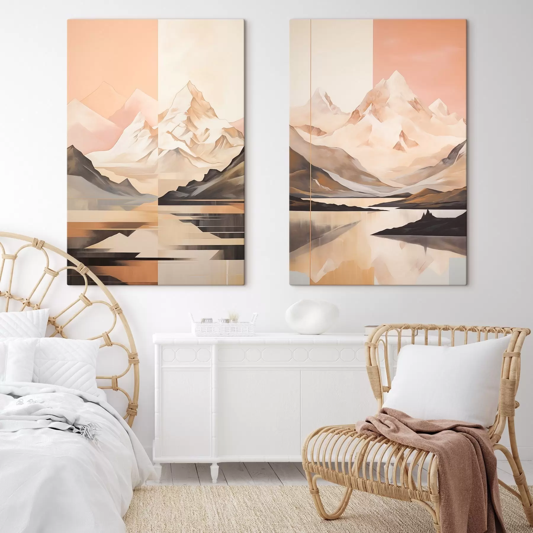 Wandbilder Abstrakte Landschaft mit Bergen und einem See, Pastellfarben, minimalistischer Stil m00830