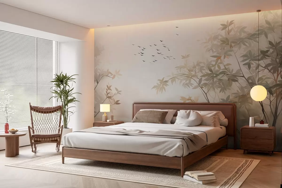 Fototapete Strukturierte Landschaft mit Bäumen und einem Vogelschwarm am Himmel, Pastellfarben, Naturszene w09418