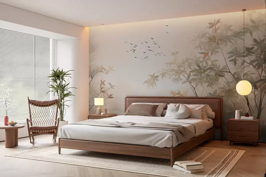 Fototapete Strukturierte Landschaft mit Bäumen und einem Vogelschwarm am Himmel, Pastellfarben, Naturszene w09418