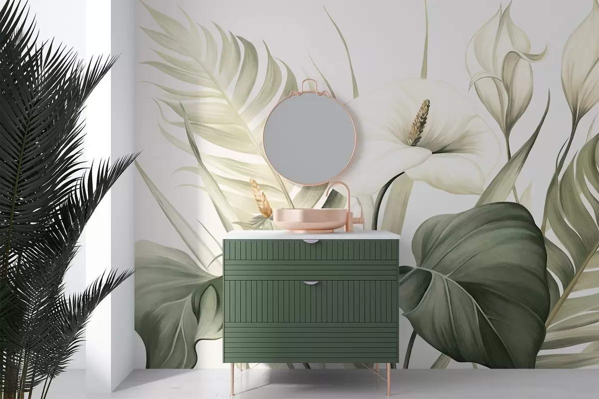 Fototapete Weiße Callalilien und grüne tropische Blätter, botanische Illustration, heller Hintergrund, Vintage-Stil, strukturiert w09423