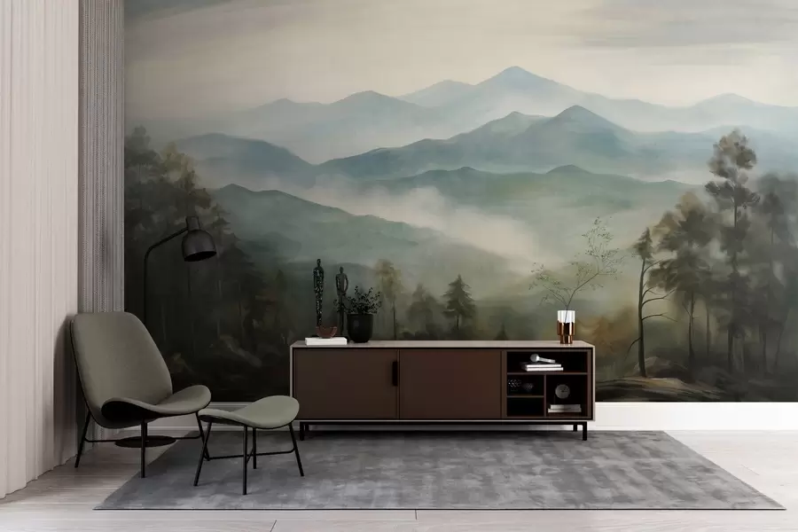 Fototapete Nebelverhangene Bergkette mit Bäumen, Nebel, bewölktem Himmel, gedämpften Farben, Landschaftsmalerei-Stil w09424