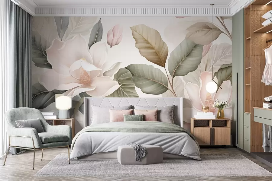 Fototapete Magnolienblüten mit Blättern in Pastellfarben, weiß, rosa und grün, zart, delikat, im Aquarellstil w09427