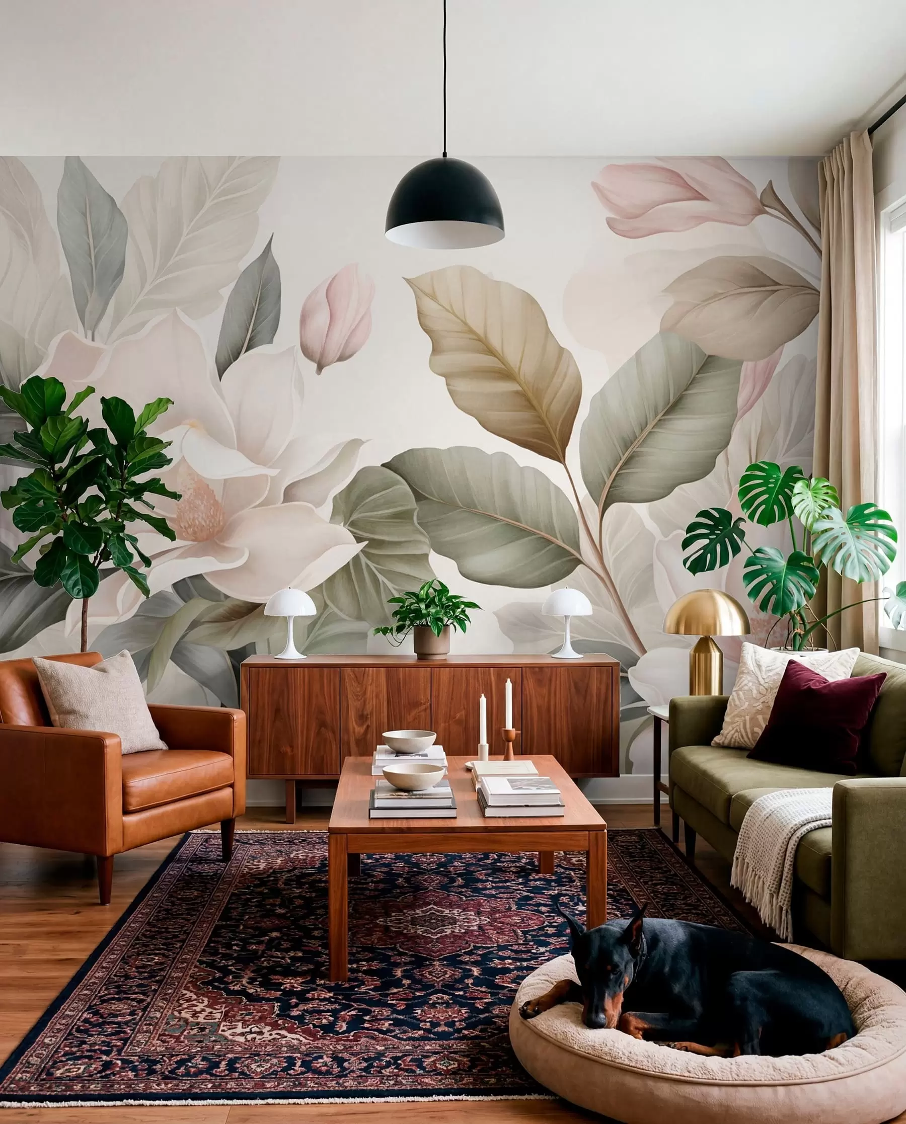 Fototapete Magnolienblüten mit Blättern in Pastellfarben, weiß, rosa und grün, zart, delikat, im Aquarellstil w09427