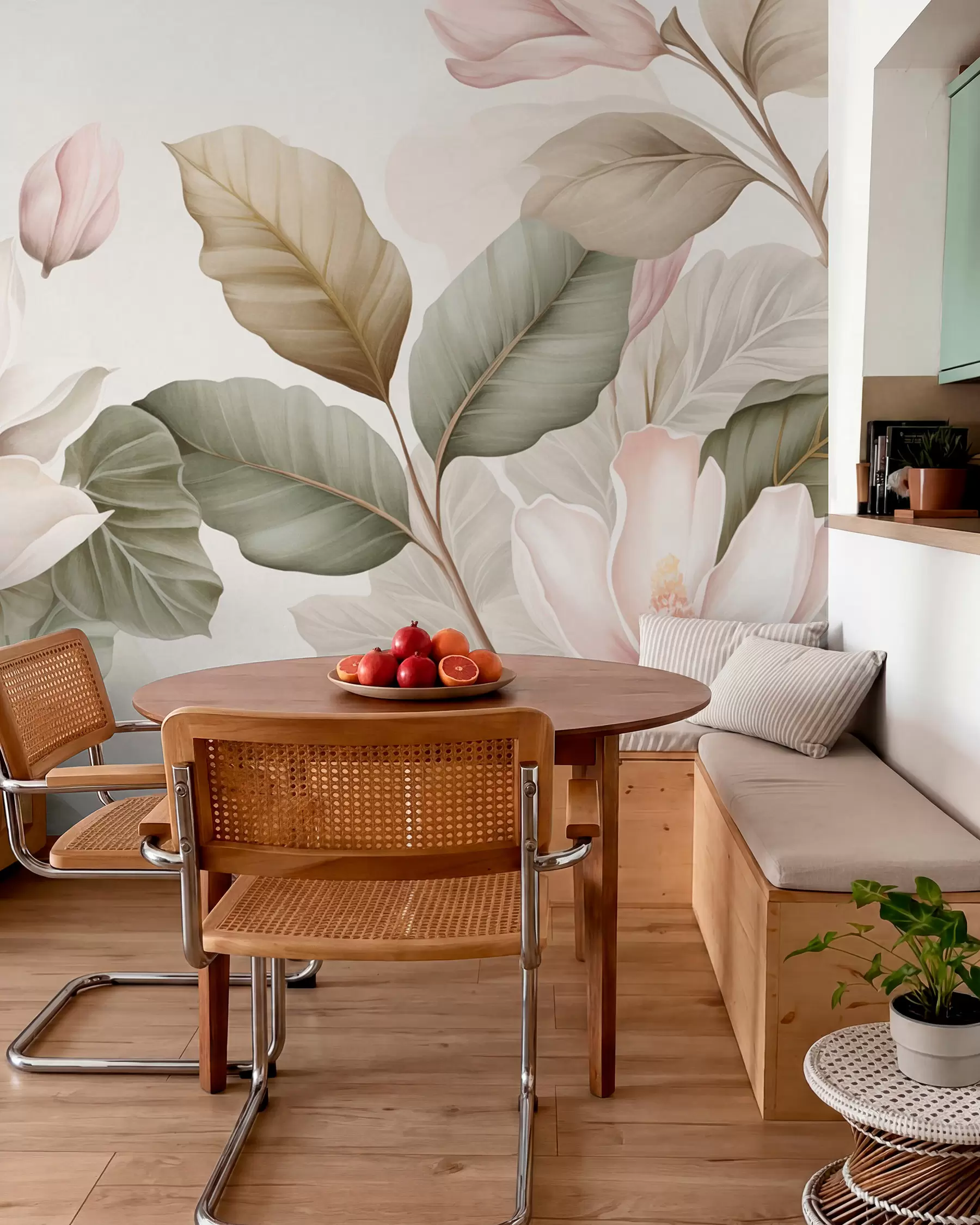 Fototapete Magnolienblüten mit Blättern in Pastellfarben, weiß, rosa und grün, zart, delikat, im Aquarellstil w09427
