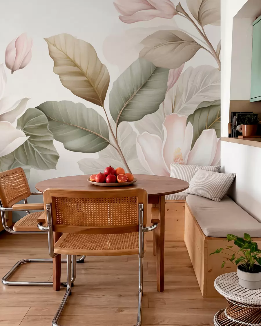 Fototapete Magnolienblüten mit Blättern in Pastellfarben, weiß, rosa und grün, zart, delikat, im Aquarellstil w09427