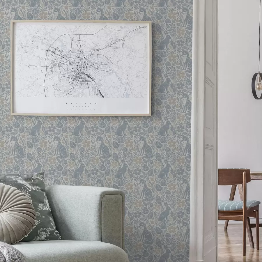 Fototapete Waldtiere und Blumen: Fuchs und Hase in Blautönen a00613