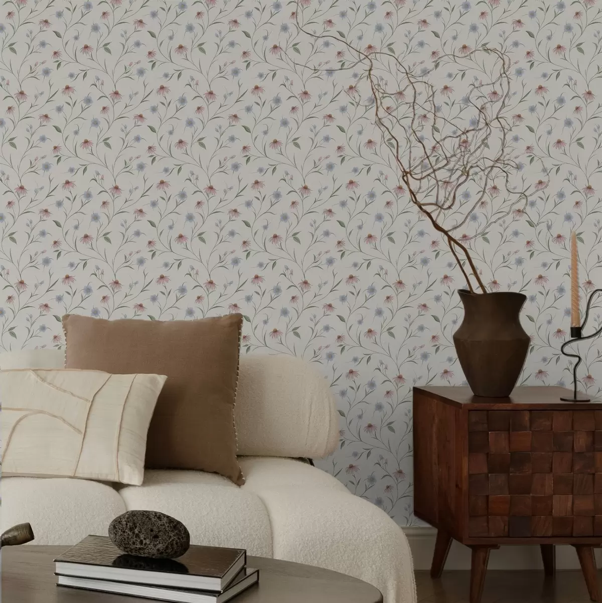 Tapete Wiesenblumen und Echinacea auf cremefarbenem Hintergrund, Leichtigkeit a00614