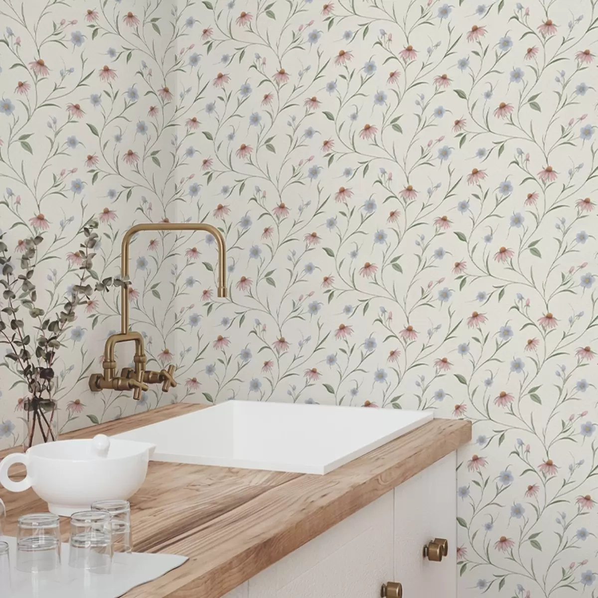 Tapete Wiesenblumen und Echinacea auf cremefarbenem Hintergrund, Leichtigkeit a00614