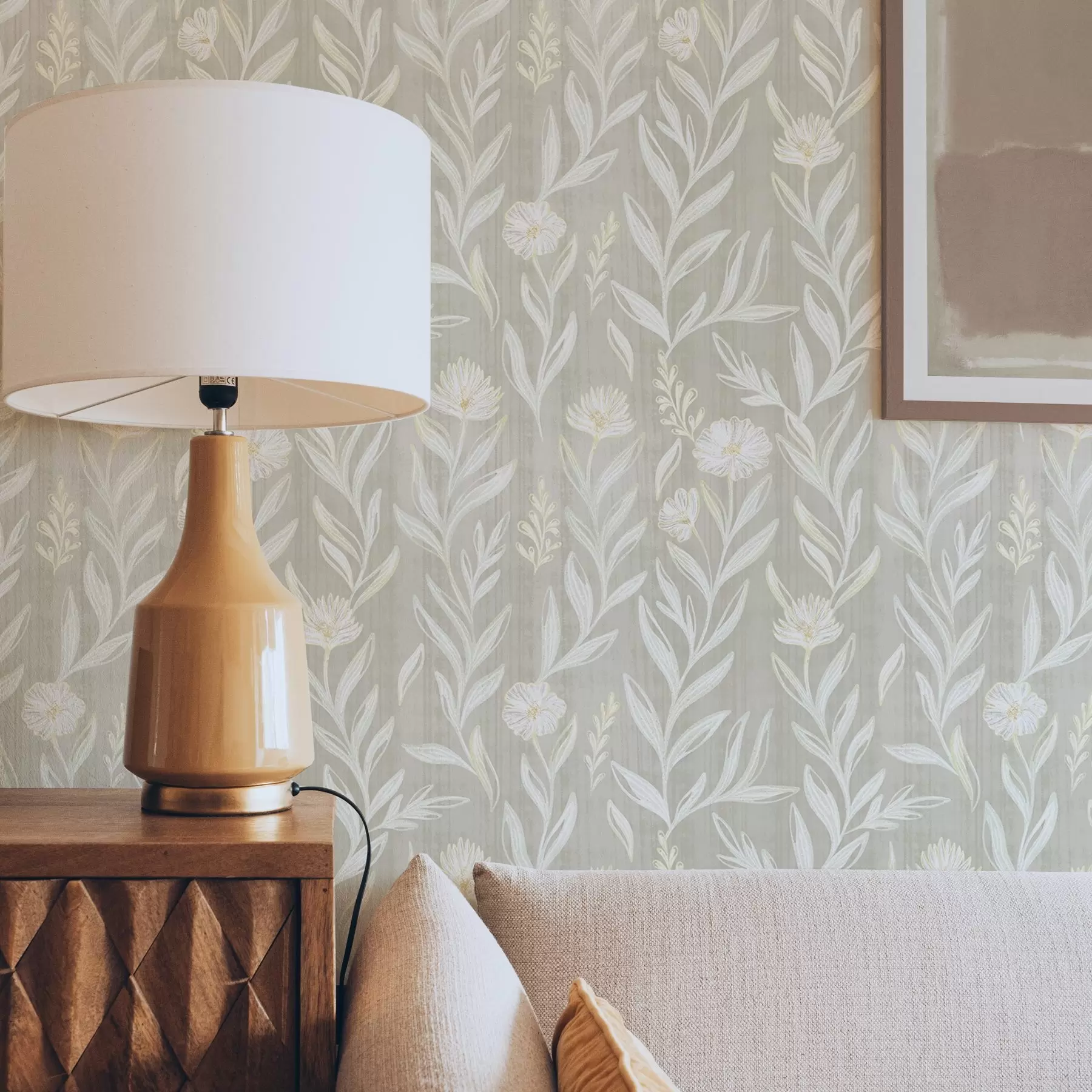 Fototapete Helle Gräser und Blumen auf beigem Hintergrund, skizzenhafte Linien a00618