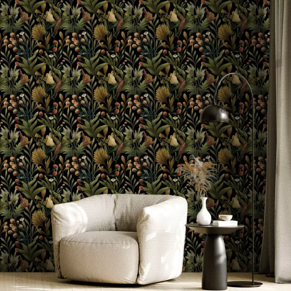 Tapete Botanischer Garten auf schwarzem Hintergrund, warme Herbstfarben a00619