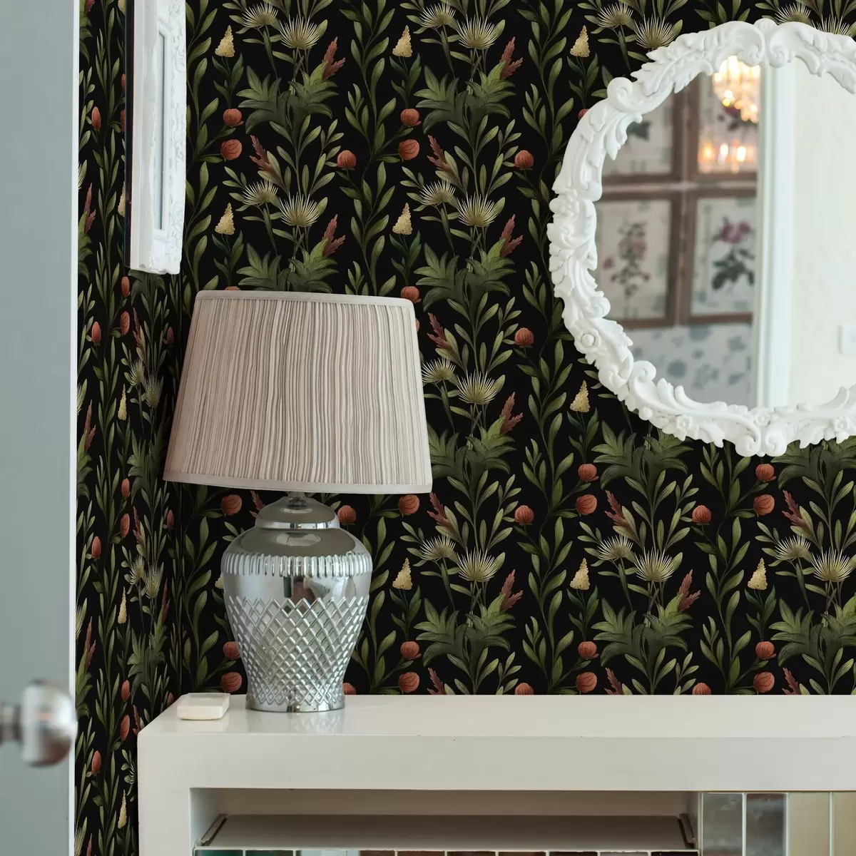 Tapete Hohe Gräser und Blüten auf schwarzem, detailreichem Druck a00620