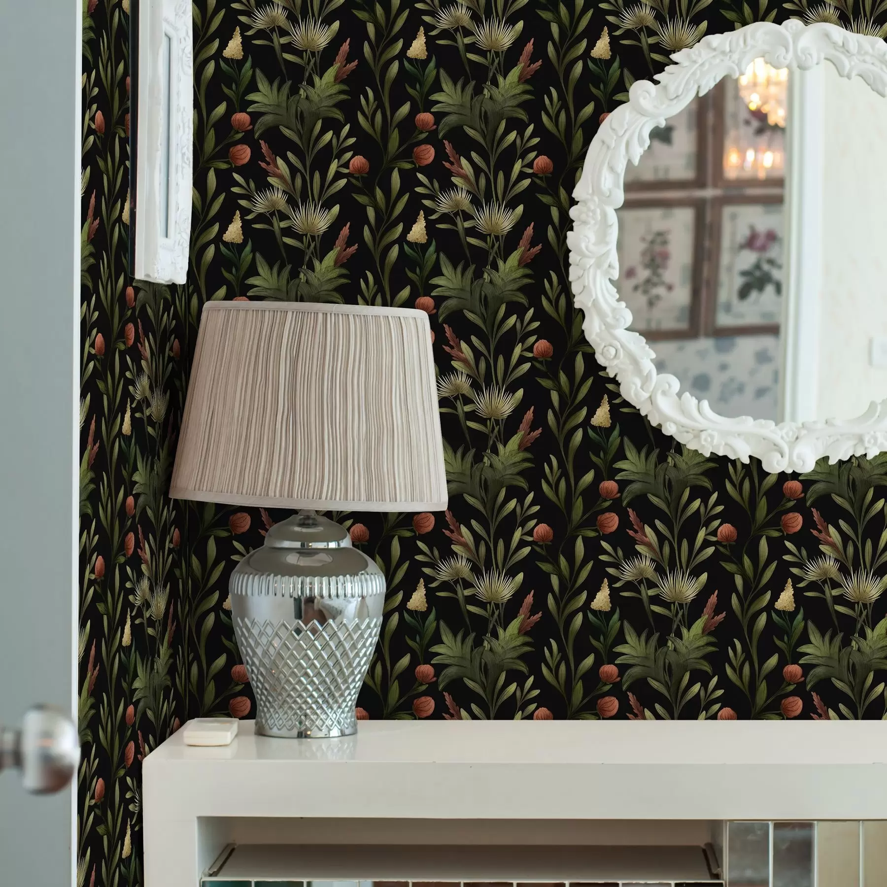 Fototapete Hohe Gräser und Blüten auf schwarzem, detailreichem Druck a00620