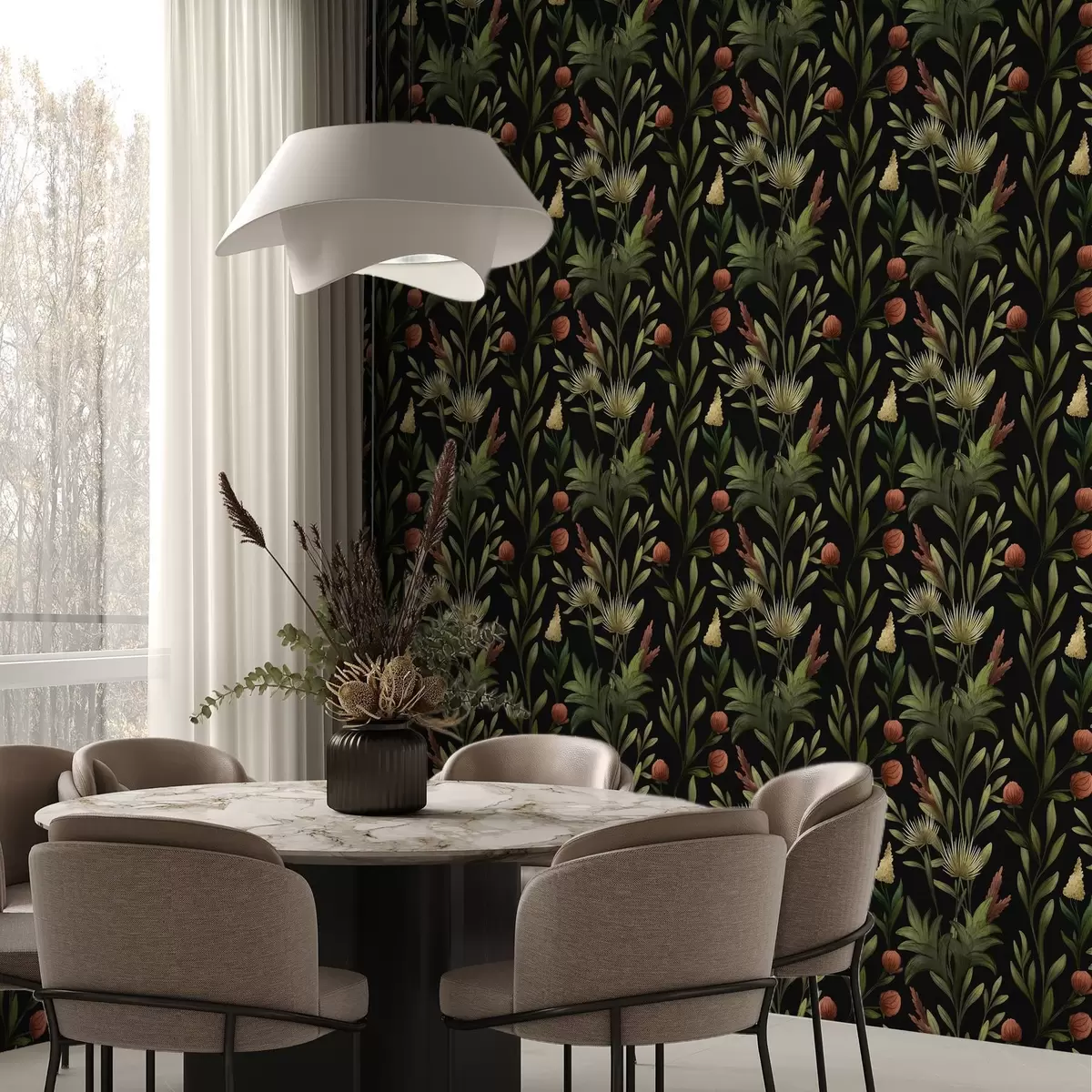 Tapete Hohe Gräser und Blüten auf schwarzem, detailreichem Druck a00620