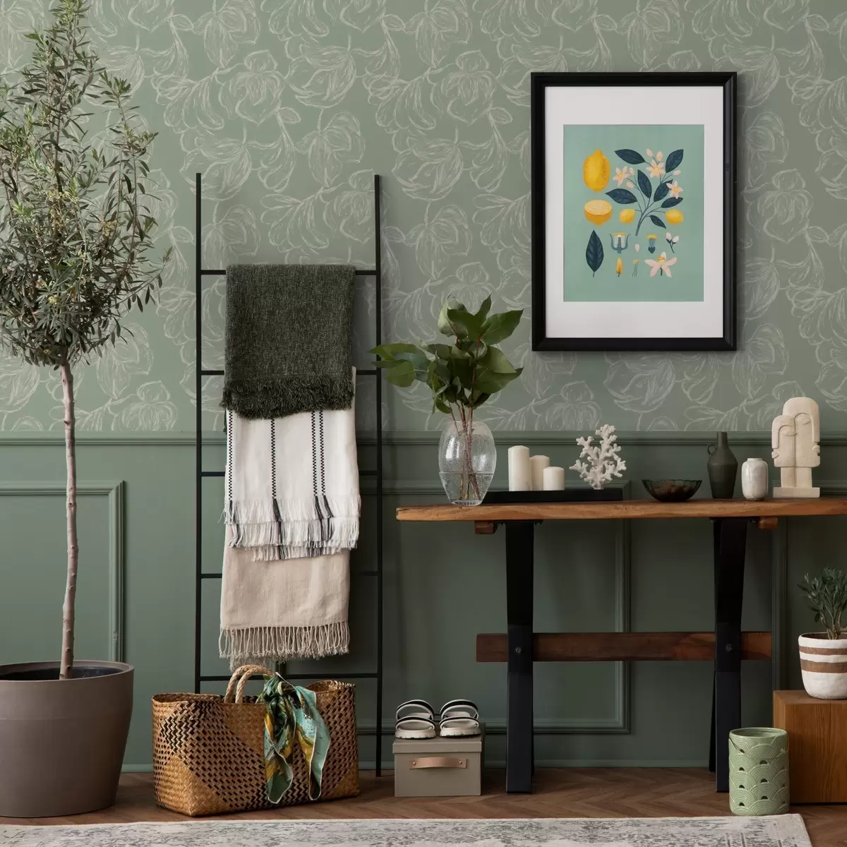 Tapete Lineare große Blumen, Kreidezeichnungen auf salbeifarbenem Hintergrund a00625v1