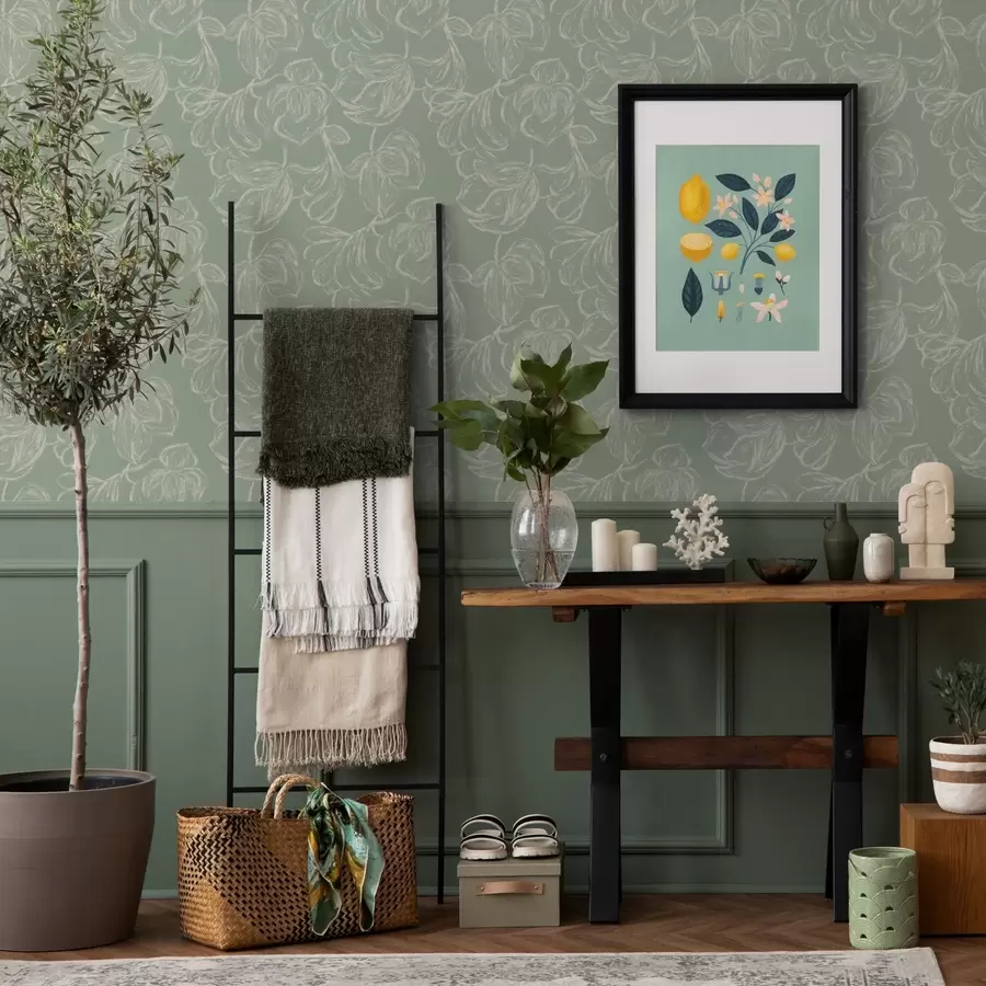 Fototapete Lineare große Blumen, Kreidezeichnungen auf salbeifarbenem Hintergrund a00625v1