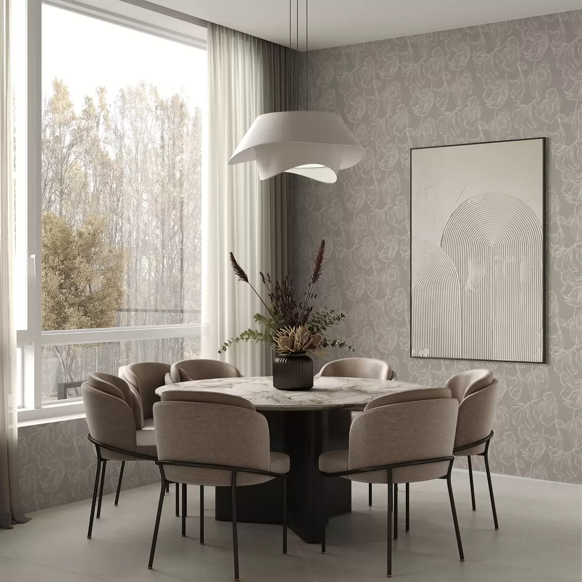 Tapete Cremefarbene Blumenumrisse auf warmem Taupe-Hintergrund a00625v2