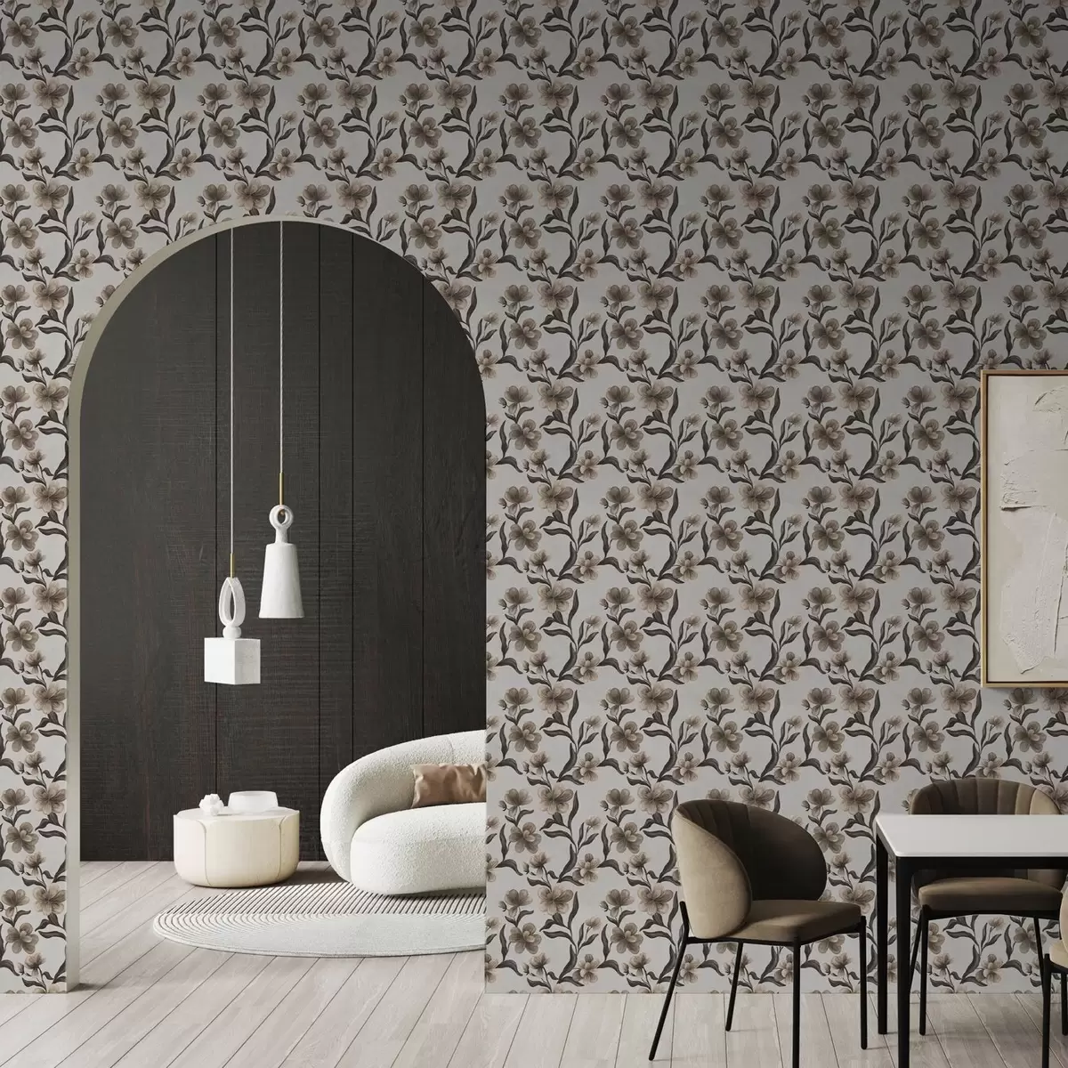 Tapete Beigefarbene Blumen und dunkle Zweige auf hellgrauem Hintergrund a00626v1