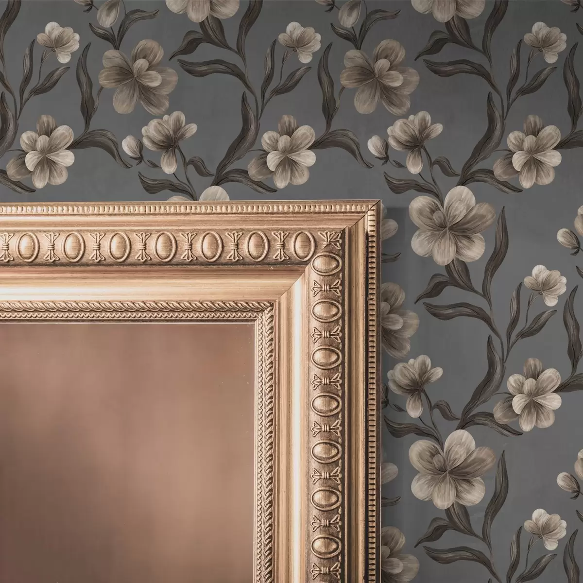 Tapete Beigefarbene Blumen auf graphitgrauem Hintergrund a00626v4