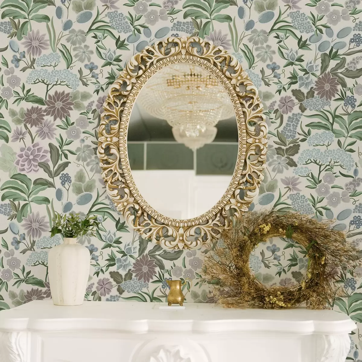 Tapete Pastellfarbene Blumen und Blätter in einer mintblauen Farbpalette a00642